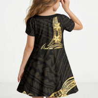 Gold Black Polynesia Hibiscus Plumeria Tattoo Kid Short Sleeve Dress