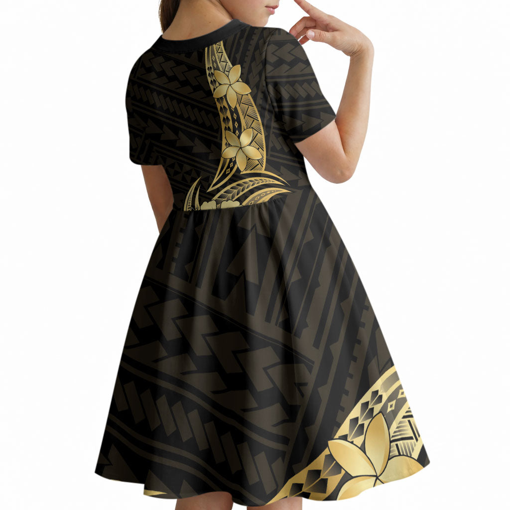 Gold Black Polynesia Hibiscus Plumeria Tattoo Kid Short Sleeve Dress