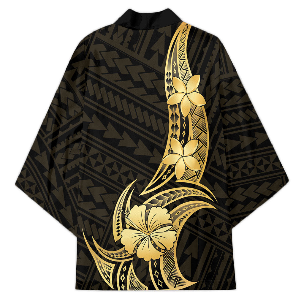 Gold Black Polynesia Hibiscus Plumeria Tattoo Kimono