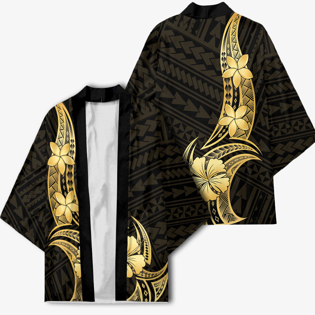 Gold Black Polynesia Hibiscus Plumeria Tattoo Kimono
