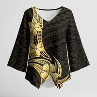 Gold Black Polynesia Hibiscus Plumeria Tattoo Kimono Sleeve Blouse
