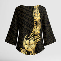 Gold Black Polynesia Hibiscus Plumeria Tattoo Kimono Sleeve Blouse