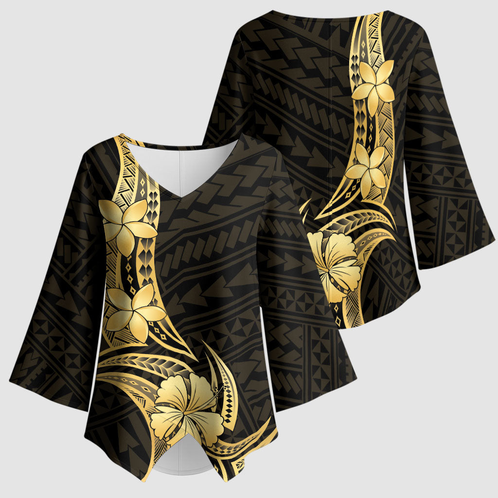 Gold Black Polynesia Hibiscus Plumeria Tattoo Kimono Sleeve Blouse
