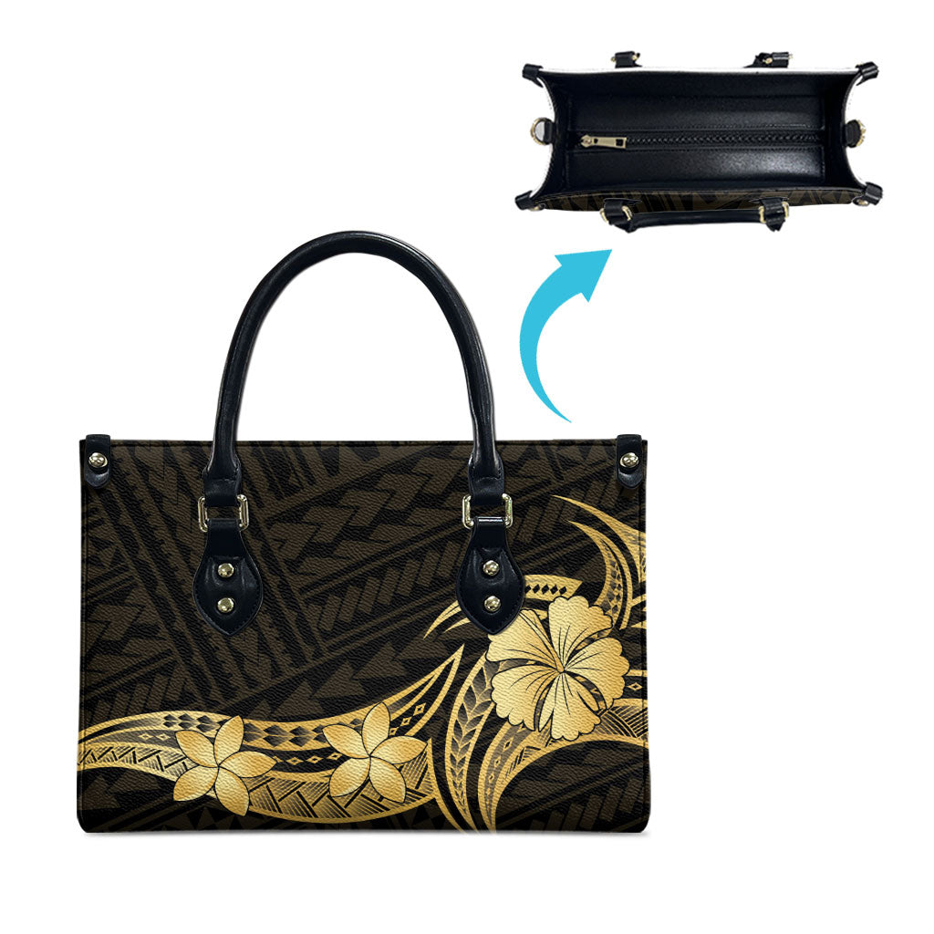 Gold Black Polynesia Hibiscus Plumeria Tattoo Leather Bag