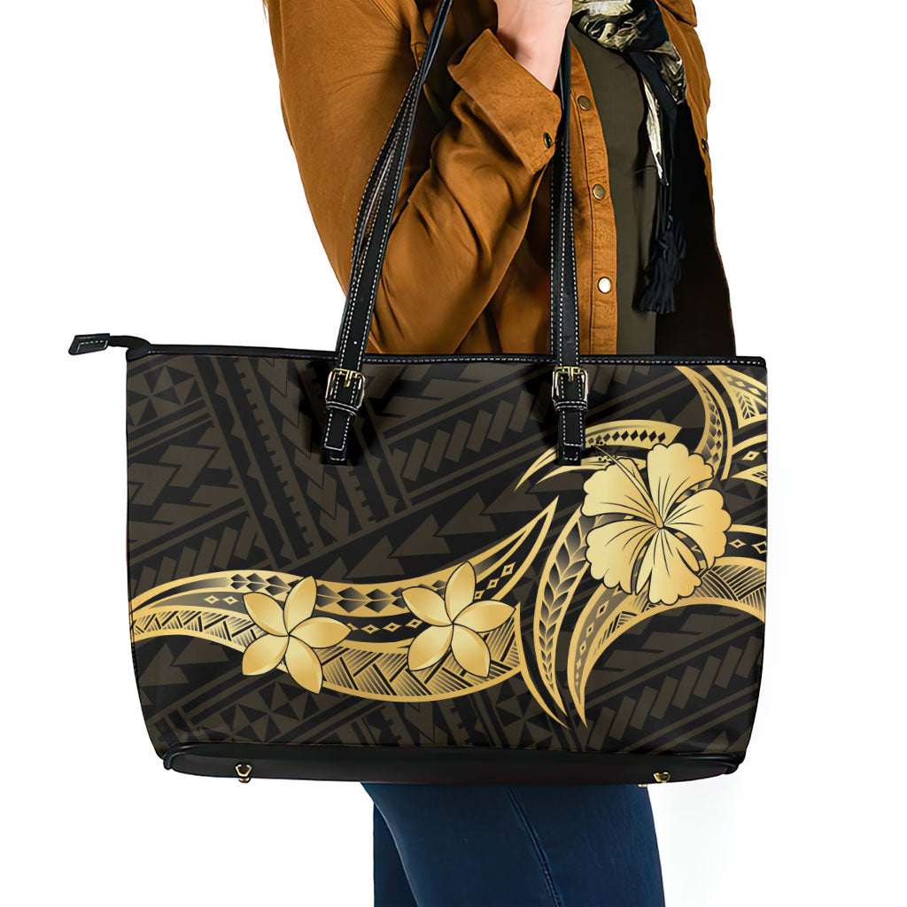 Gold Black Polynesia Hibiscus Plumeria Tattoo Leather Tote Bag