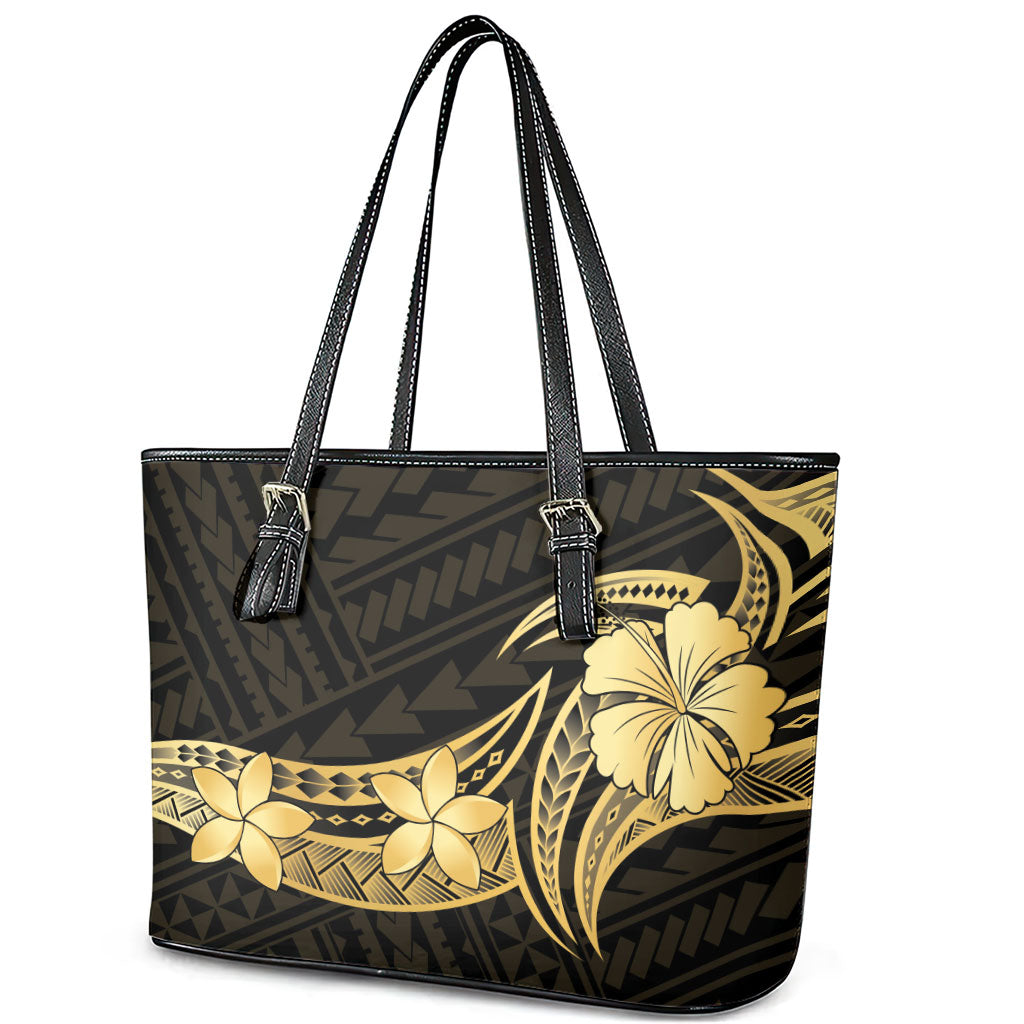Gold Black Polynesia Hibiscus Plumeria Tattoo Leather Tote Bag