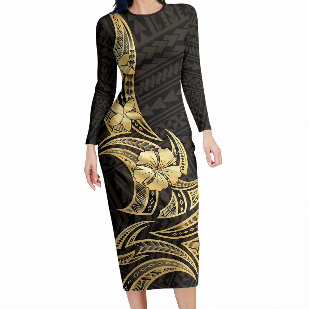 Gold Black Polynesia Hibiscus Plumeria Tattoo Long Sleeve Bodycon Dress