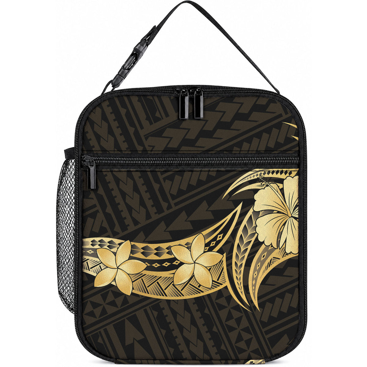 Gold Black Polynesia Hibiscus Plumeria Tattoo Lunch Bag