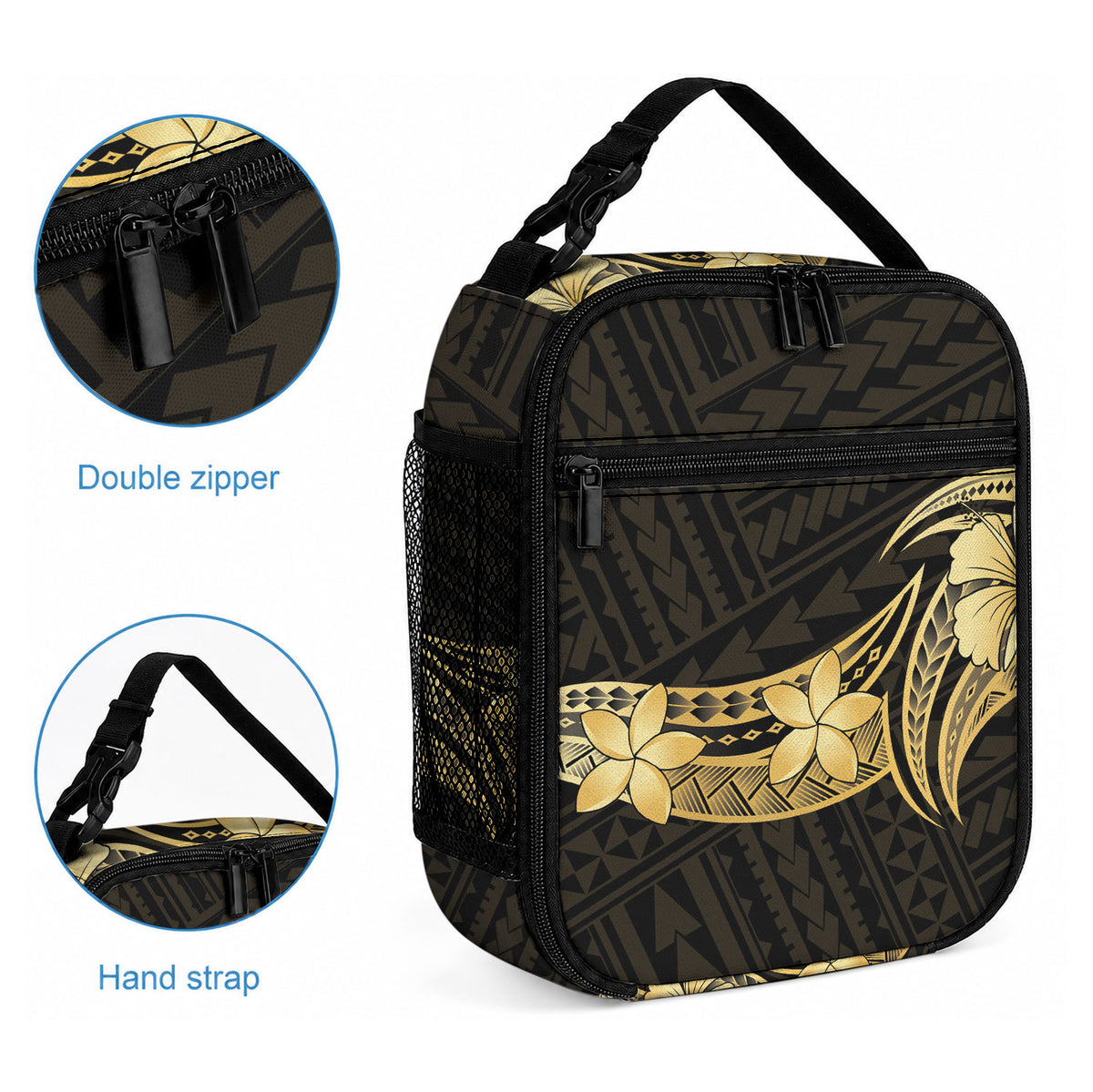 Gold Black Polynesia Hibiscus Plumeria Tattoo Lunch Bag