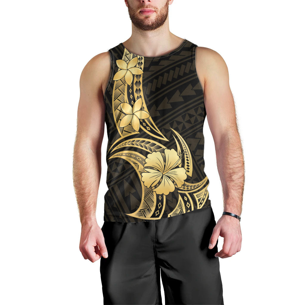 Gold Black Polynesia Hibiscus Plumeria Tattoo Men Tank Top