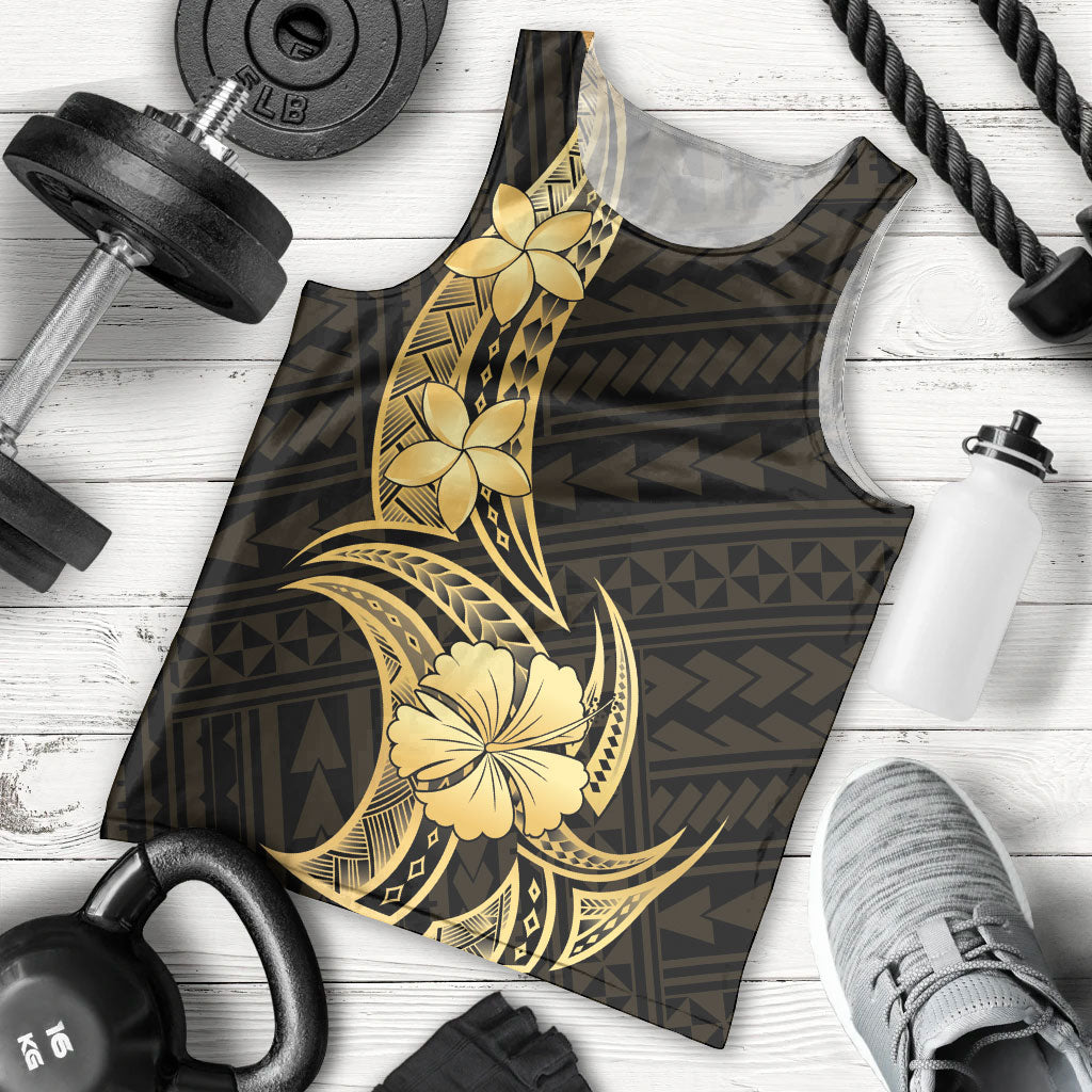 Gold Black Polynesia Hibiscus Plumeria Tattoo Men Tank Top