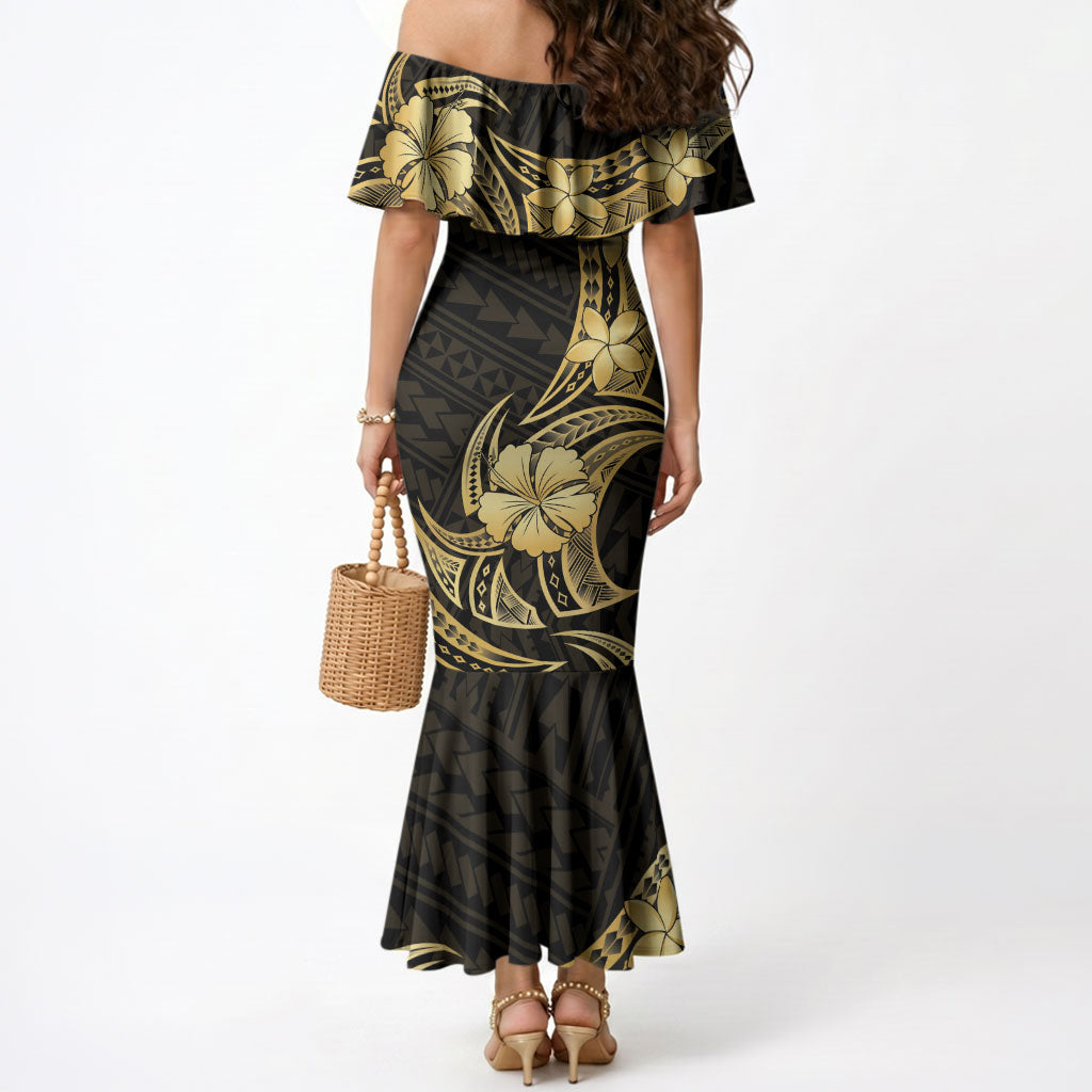Gold Black Polynesia Hibiscus Plumeria Tattoo Mermaid Dress