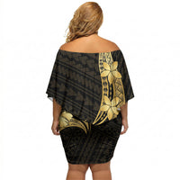 Gold Black Polynesia Hibiscus Plumeria Tattoo Off Shoulder Short Dress