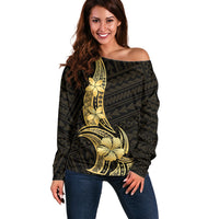 Gold Black Polynesia Hibiscus Plumeria Tattoo Off Shoulder Sweater