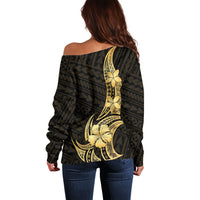 Gold Black Polynesia Hibiscus Plumeria Tattoo Off Shoulder Sweater