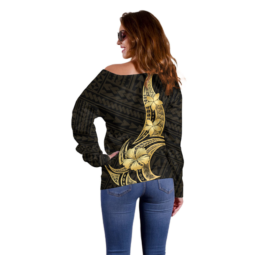 Gold Black Polynesia Hibiscus Plumeria Tattoo Off Shoulder Sweater