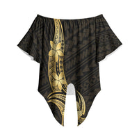 Gold Black Polynesia Hibiscus Plumeria Tattoo Off Shoulder Wrap Waist Top