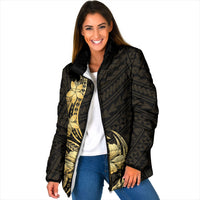 Gold Black Polynesia Hibiscus Plumeria Tattoo Padded Jacket