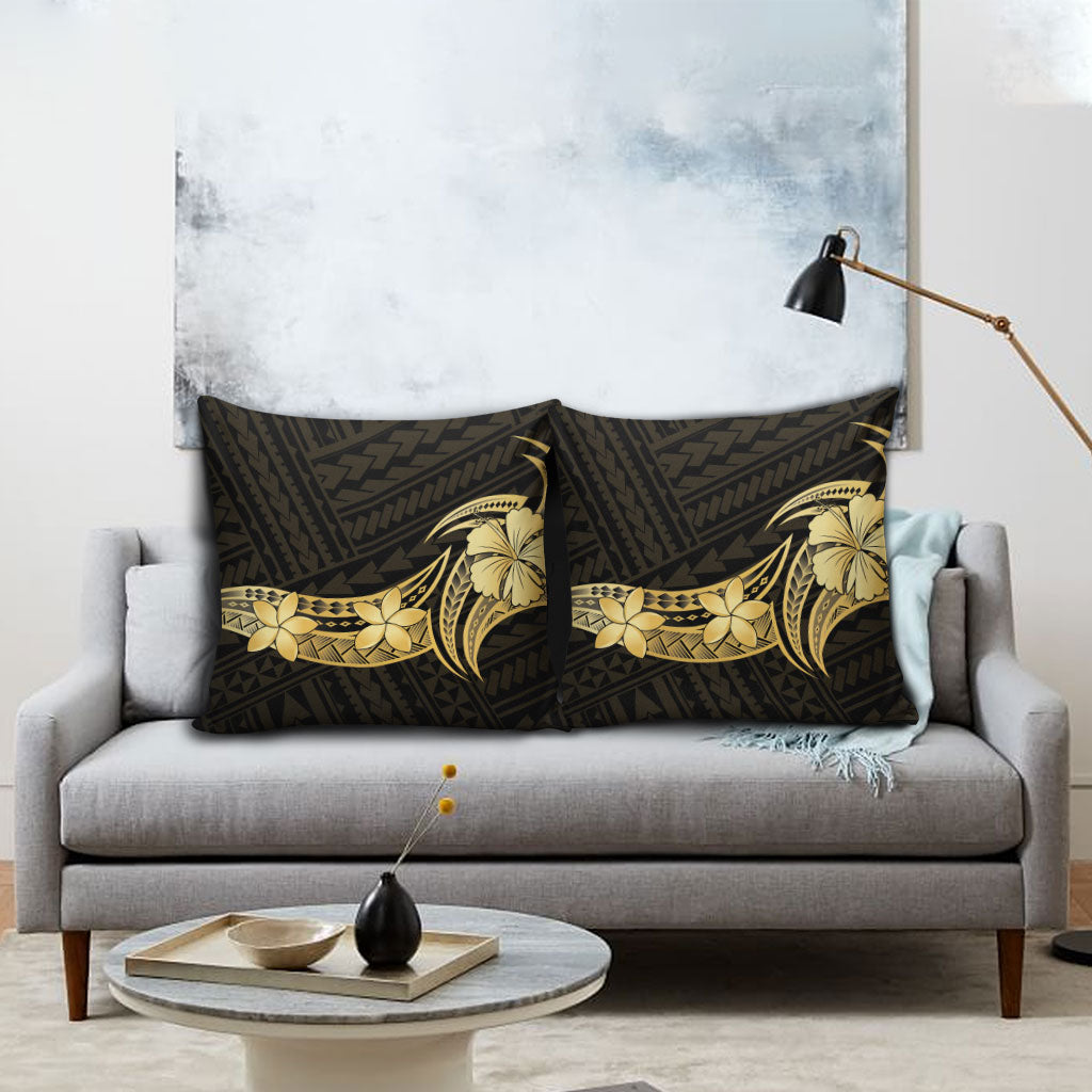 Gold Black Polynesia Hibiscus Plumeria Tattoo Pillow Cover