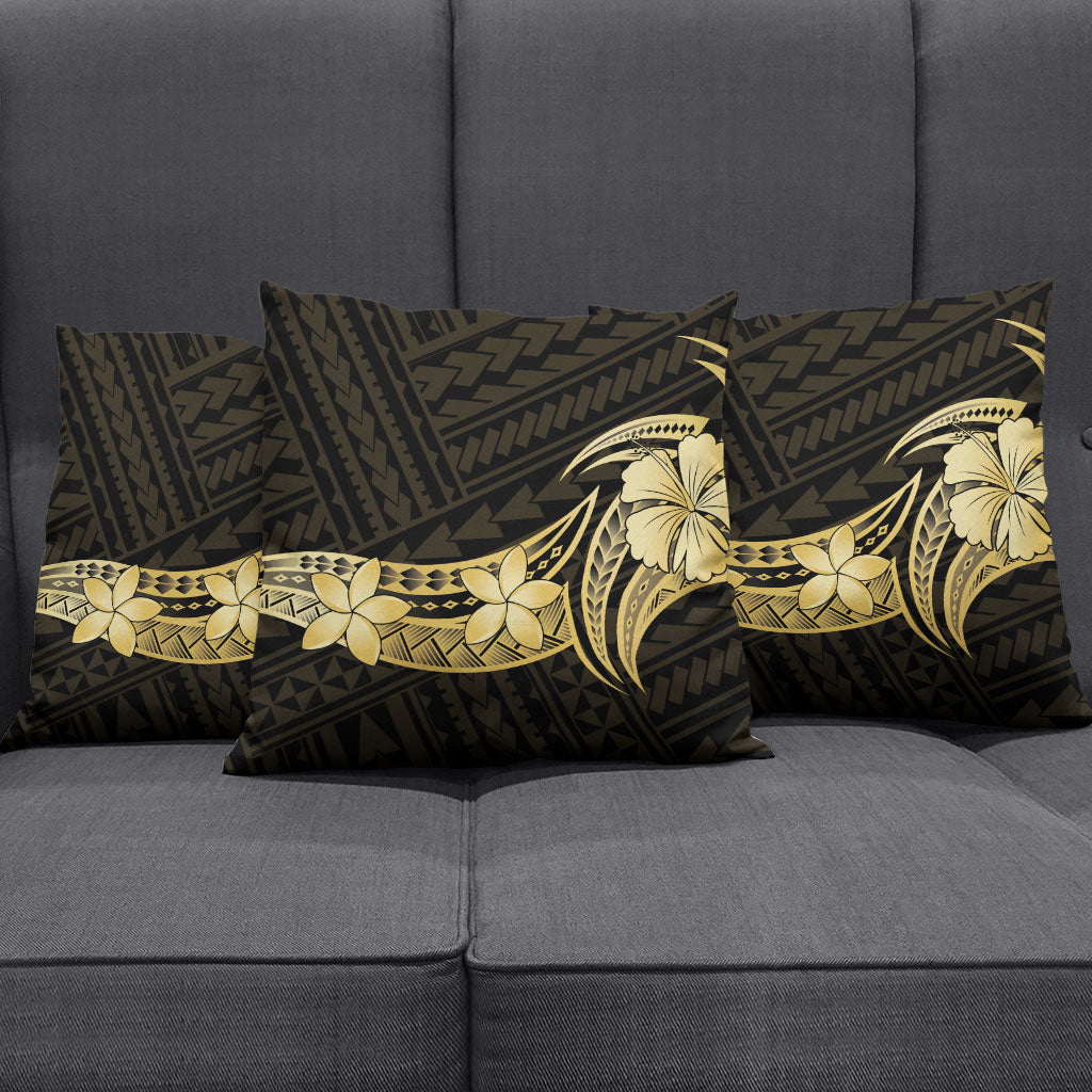 Gold Black Polynesia Hibiscus Plumeria Tattoo Pillow Cover