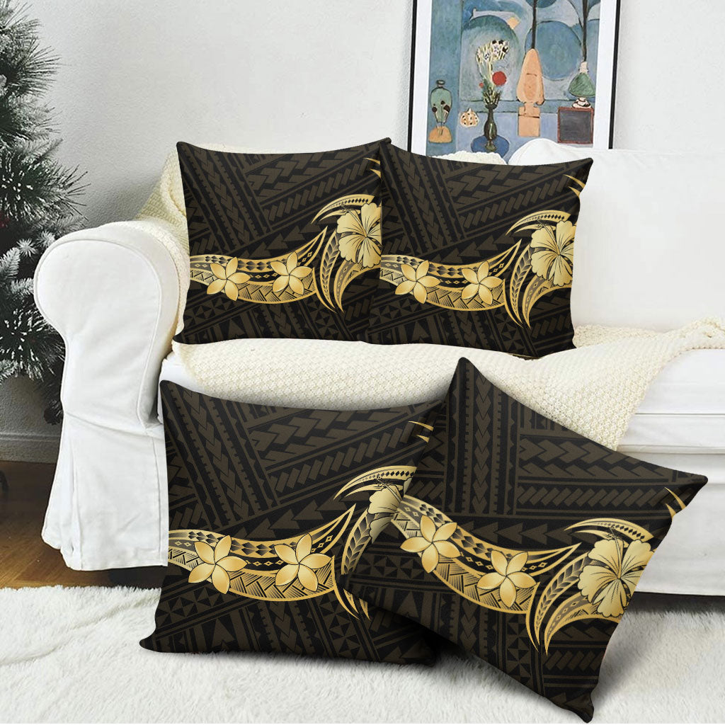 Gold Black Polynesia Hibiscus Plumeria Tattoo Pillow Cover