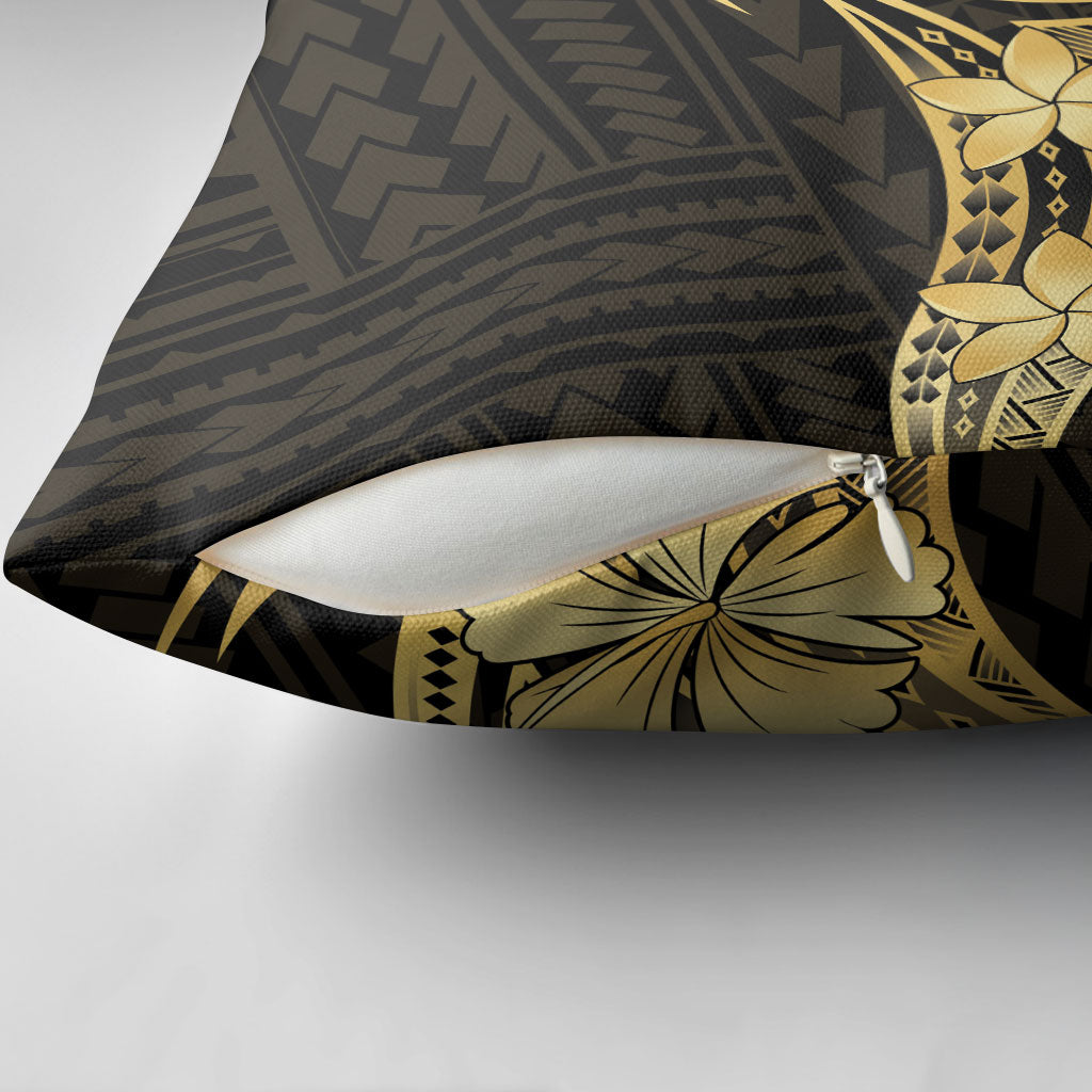 Gold Black Polynesia Hibiscus Plumeria Tattoo Pillow Cover