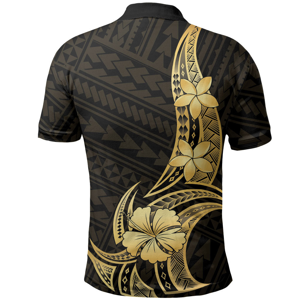 Gold Black Polynesia Hibiscus Plumeria Tattoo Polo Shirt