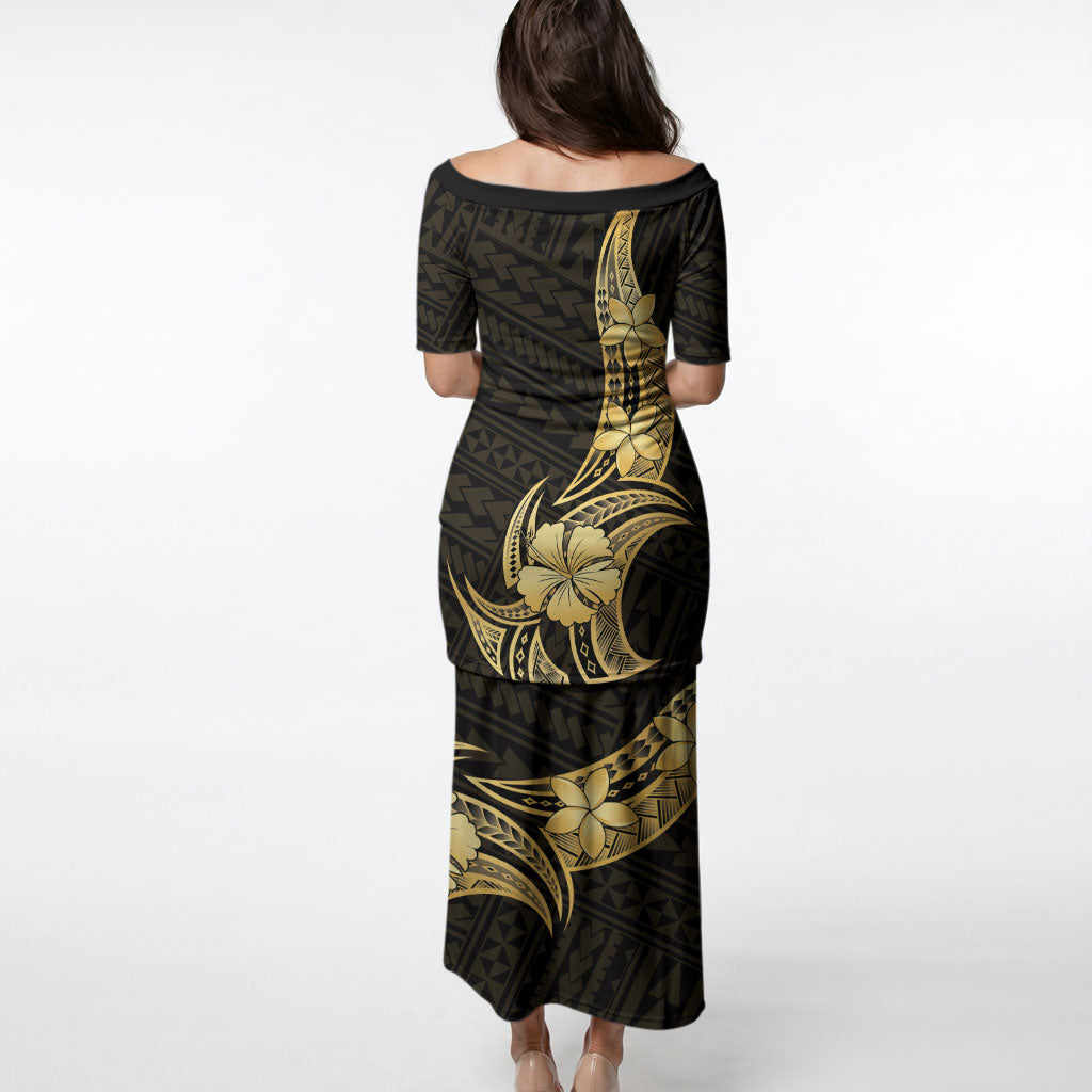 Gold Black Polynesia Hibiscus Plumeria Tattoo Puletasi