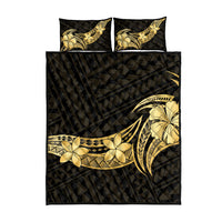 Gold Black Polynesia Hibiscus Plumeria Tattoo Quilt Bed Set