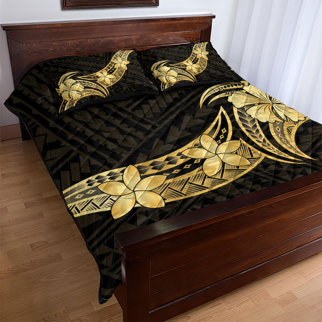 Gold Black Polynesia Hibiscus Plumeria Tattoo Quilt Bed Set