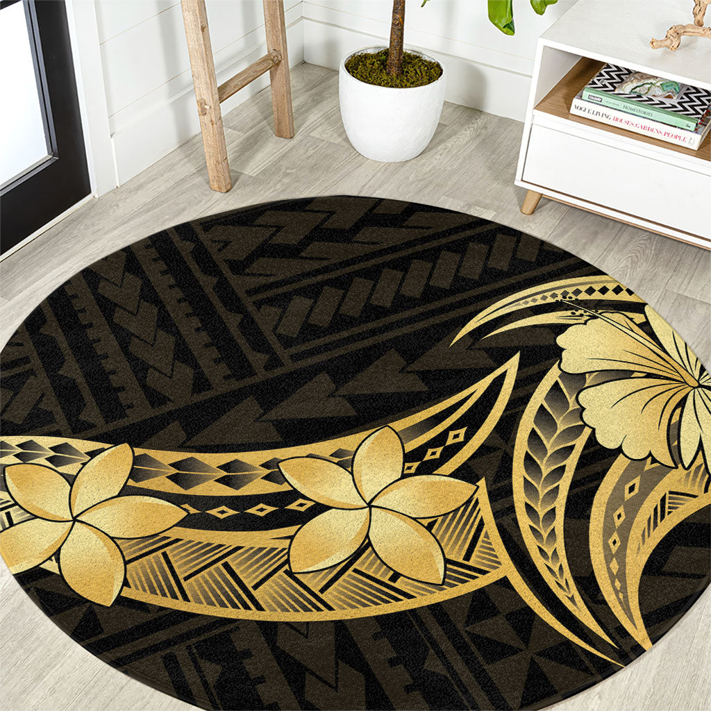 Gold Black Polynesia Hibiscus Plumeria Tattoo Round Carpet