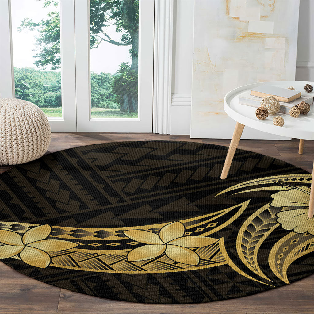Gold Black Polynesia Hibiscus Plumeria Tattoo Round Carpet