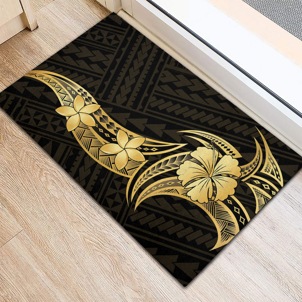 Gold Black Polynesia Hibiscus Plumeria Tattoo Rubber Doormat