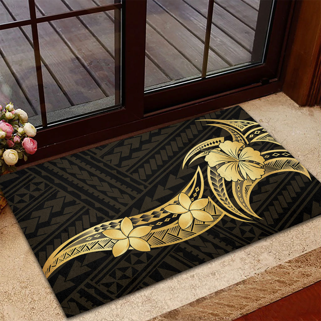 Gold Black Polynesia Hibiscus Plumeria Tattoo Rubber Doormat