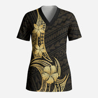 Gold Black Polynesia Hibiscus Plumeria Tattoo Scrub Top
