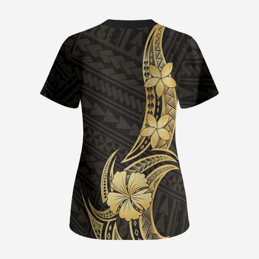 Gold Black Polynesia Hibiscus Plumeria Tattoo Scrub Top