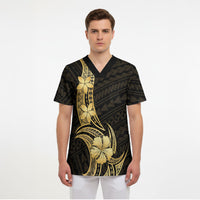 Gold Black Polynesia Hibiscus Plumeria Tattoo Scrub Top
