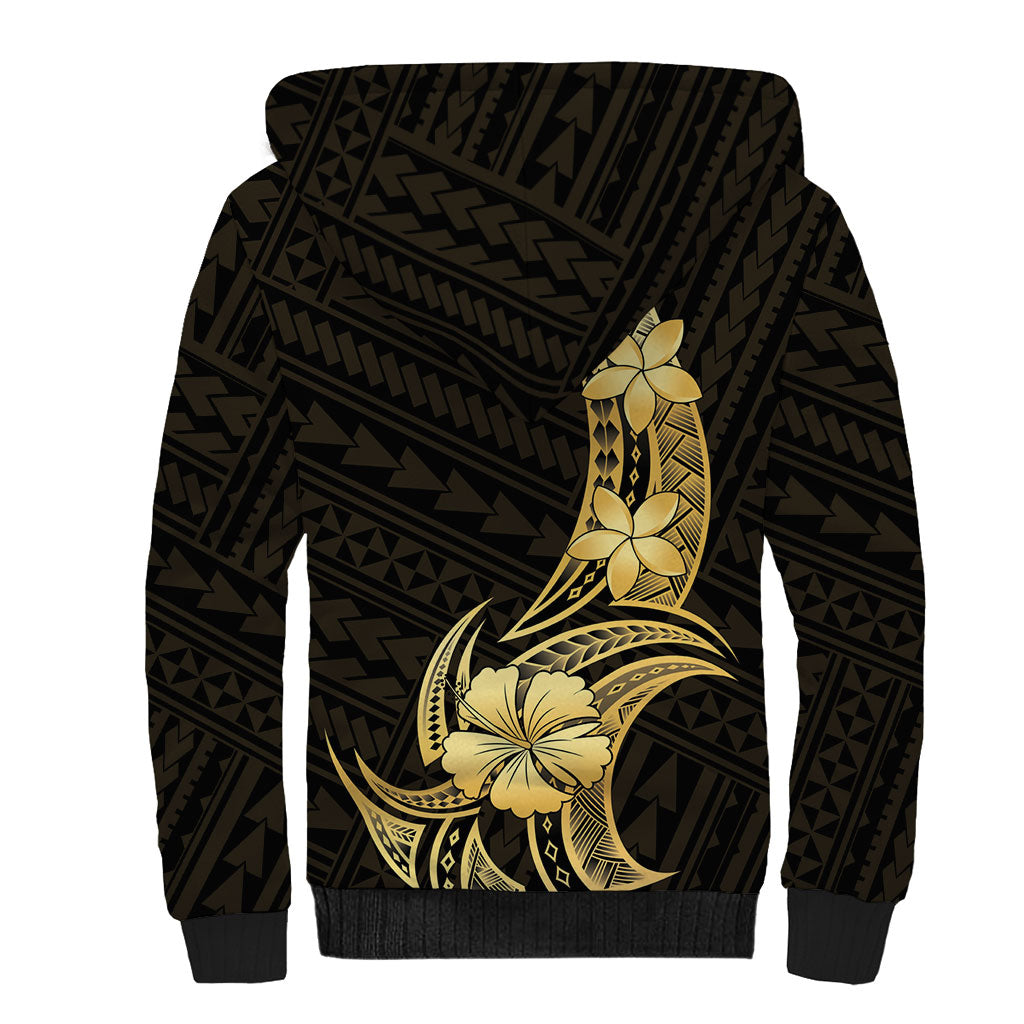 Gold Black Polynesia Hibiscus Plumeria Tattoo Sherpa Hoodie