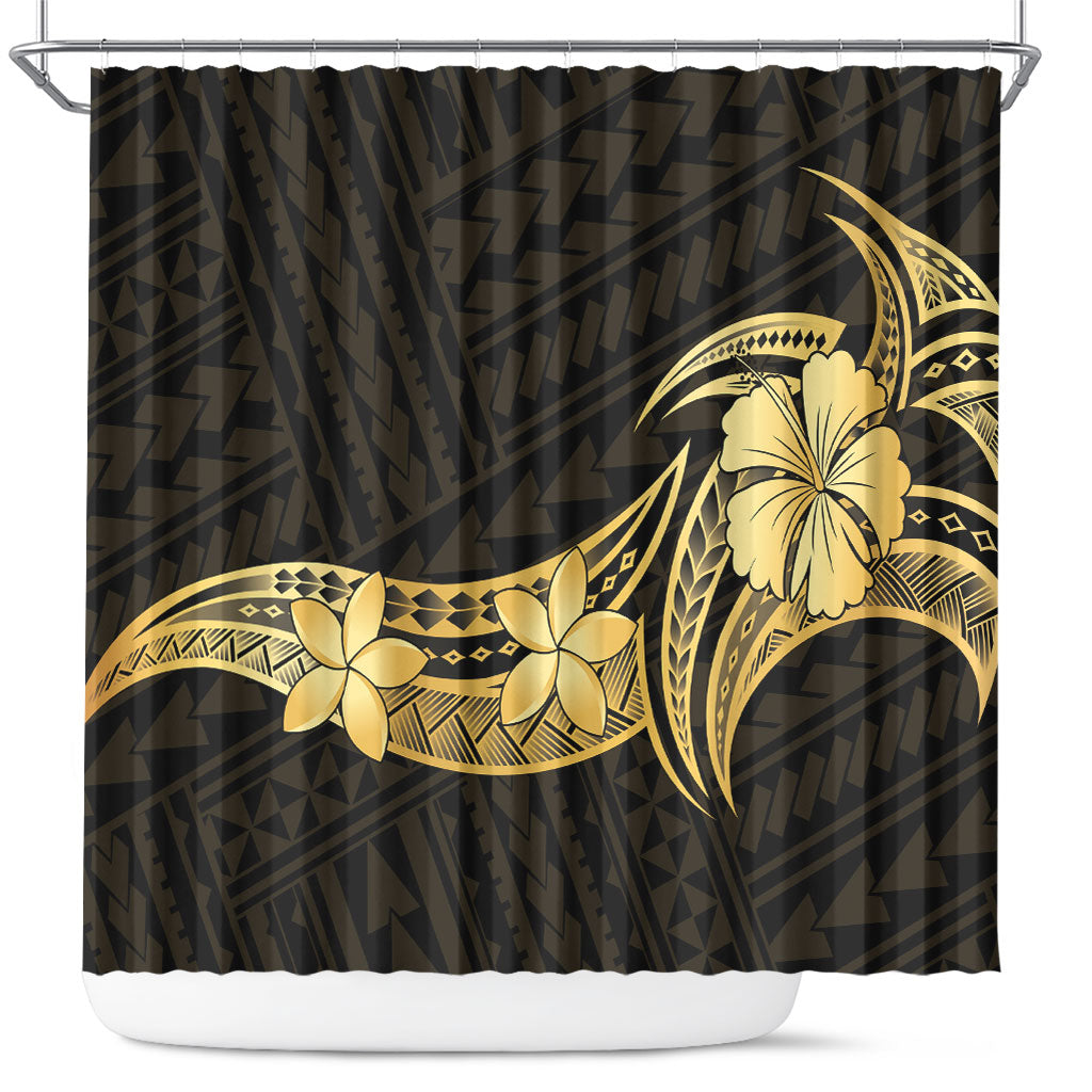 Gold Black Polynesia Hibiscus Plumeria Tattoo Shower Curtain