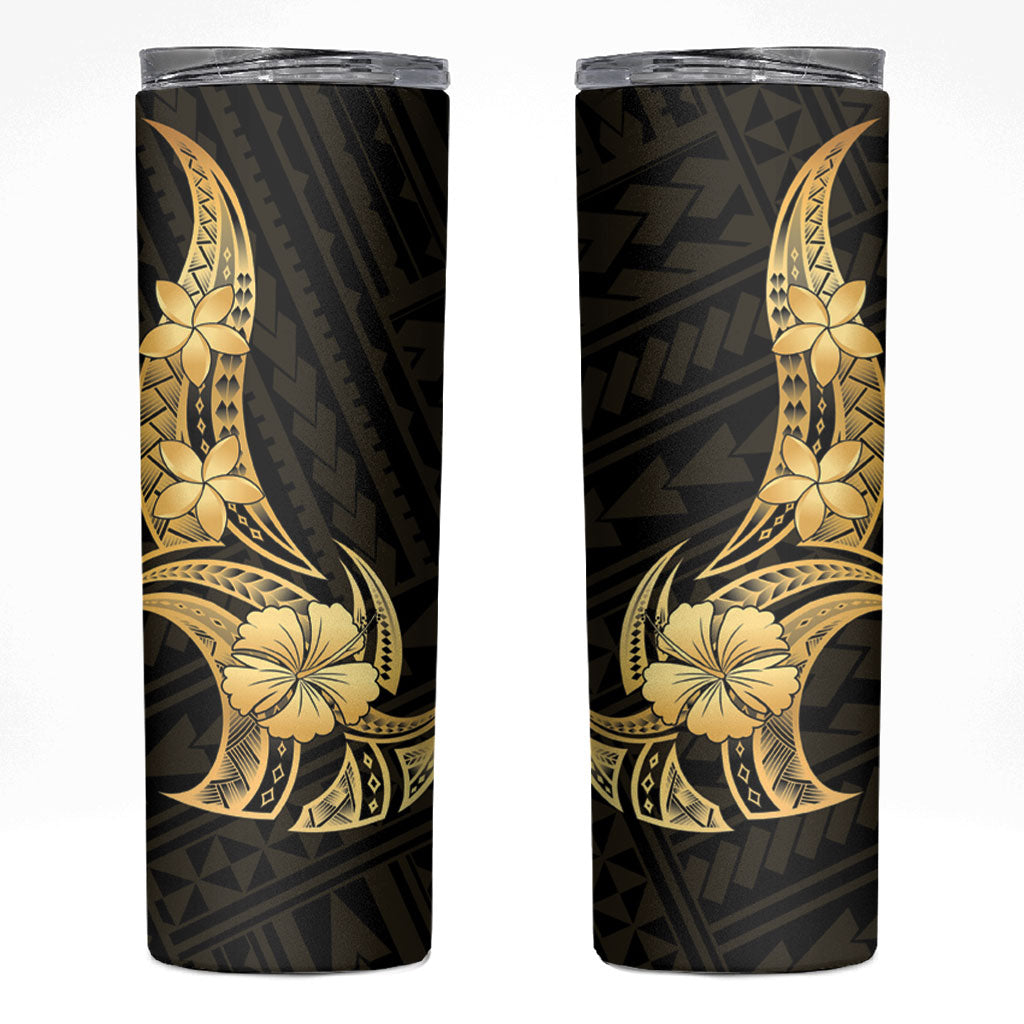 Gold Black Polynesia Hibiscus Plumeria Tattoo Skinny Tumbler