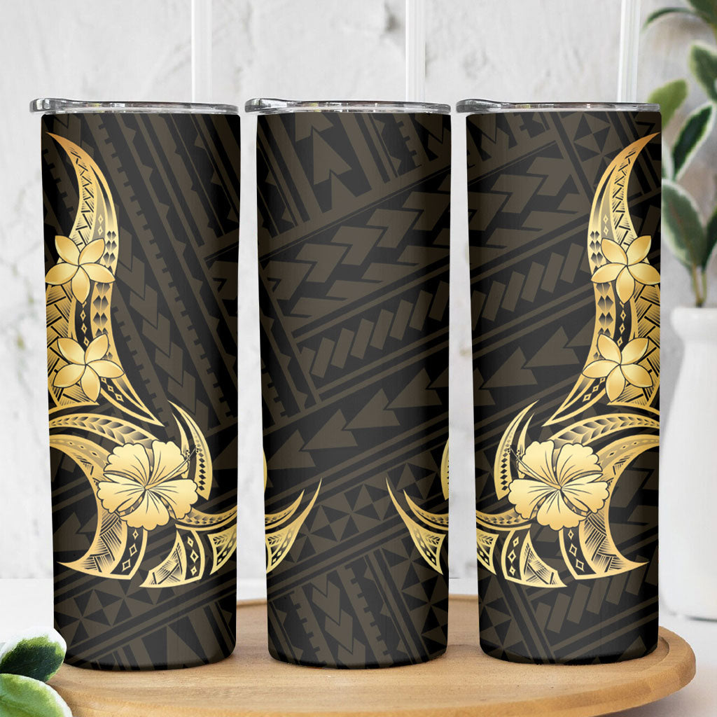 Gold Black Polynesia Hibiscus Plumeria Tattoo Skinny Tumbler