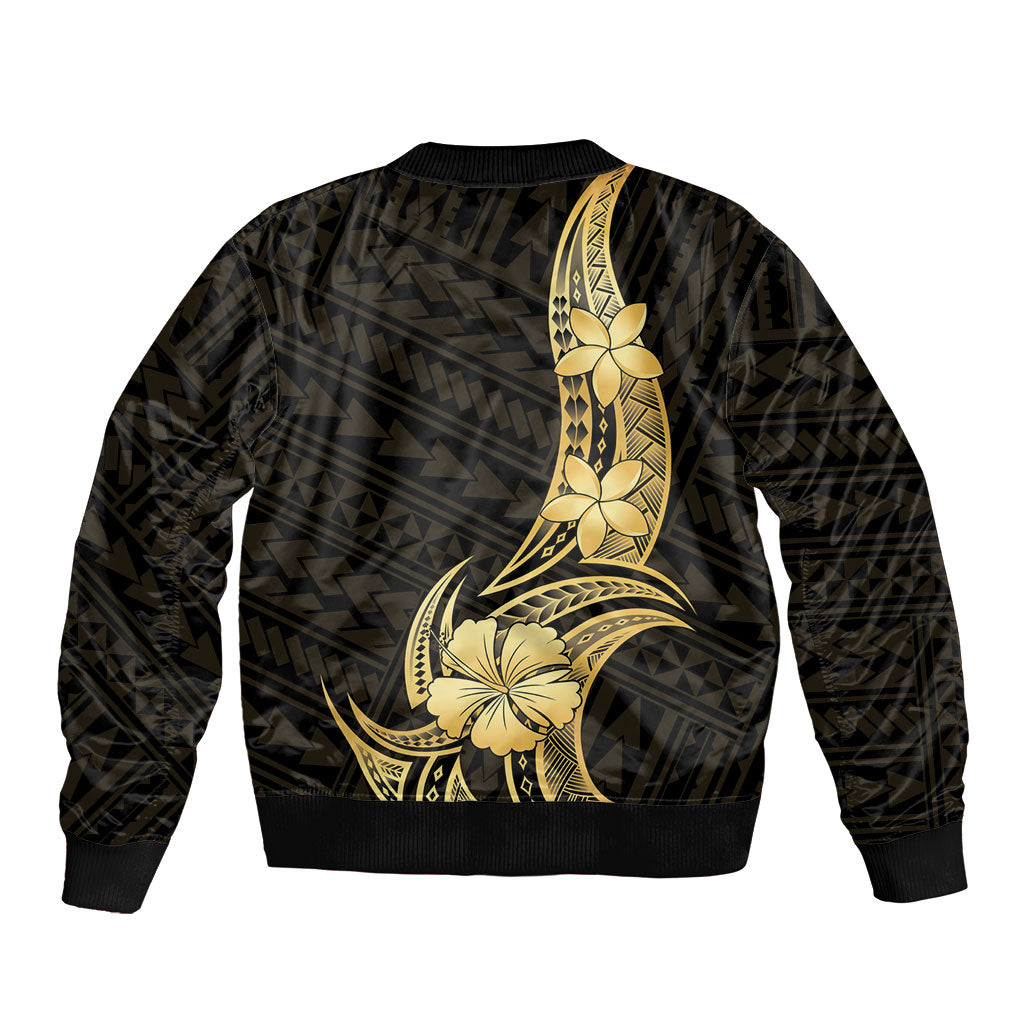Gold Black Polynesia Hibiscus Plumeria Tattoo Sleeve Zip Bomber Jacket