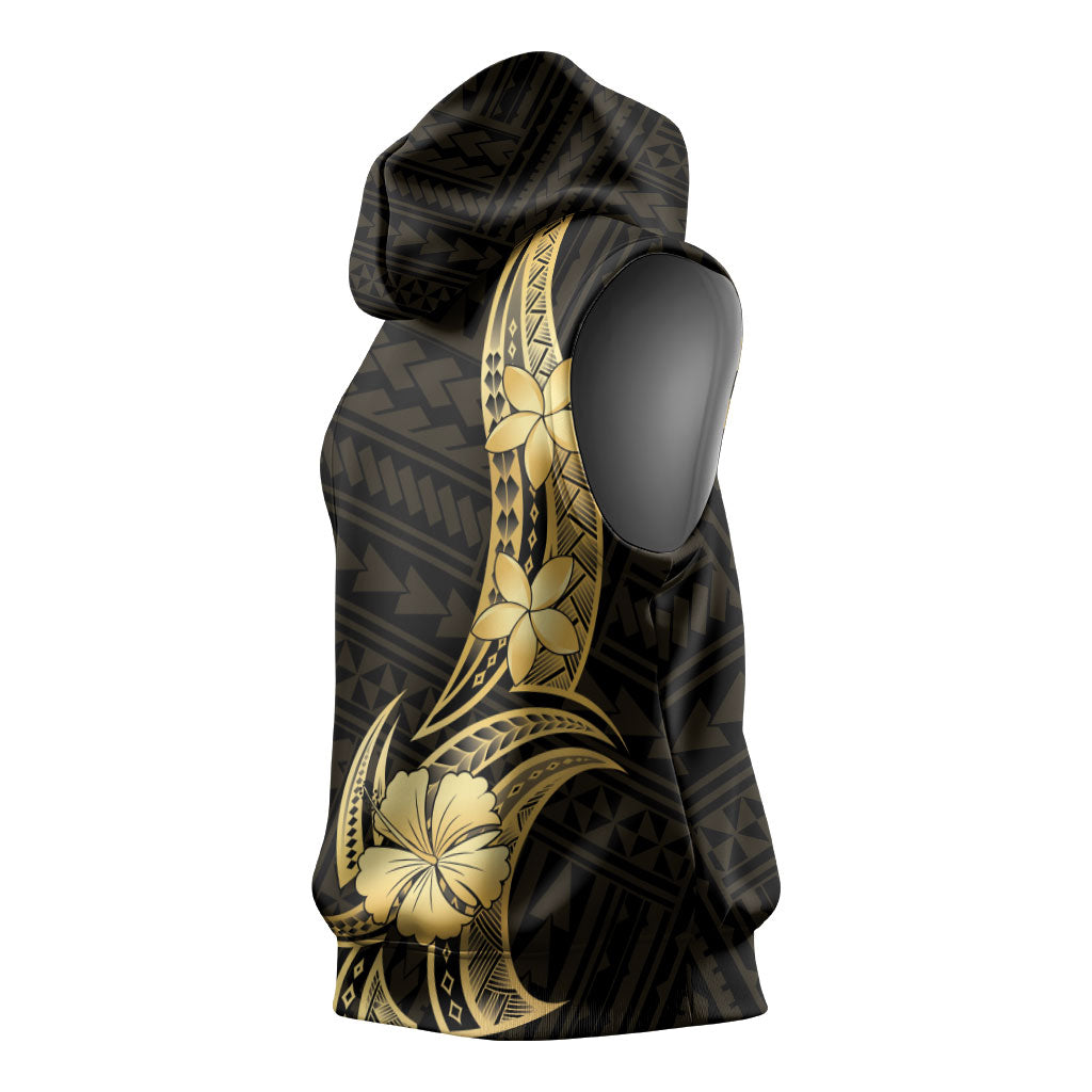 Gold Black Polynesia Hibiscus Plumeria Tattoo Sleeveless Hoodie