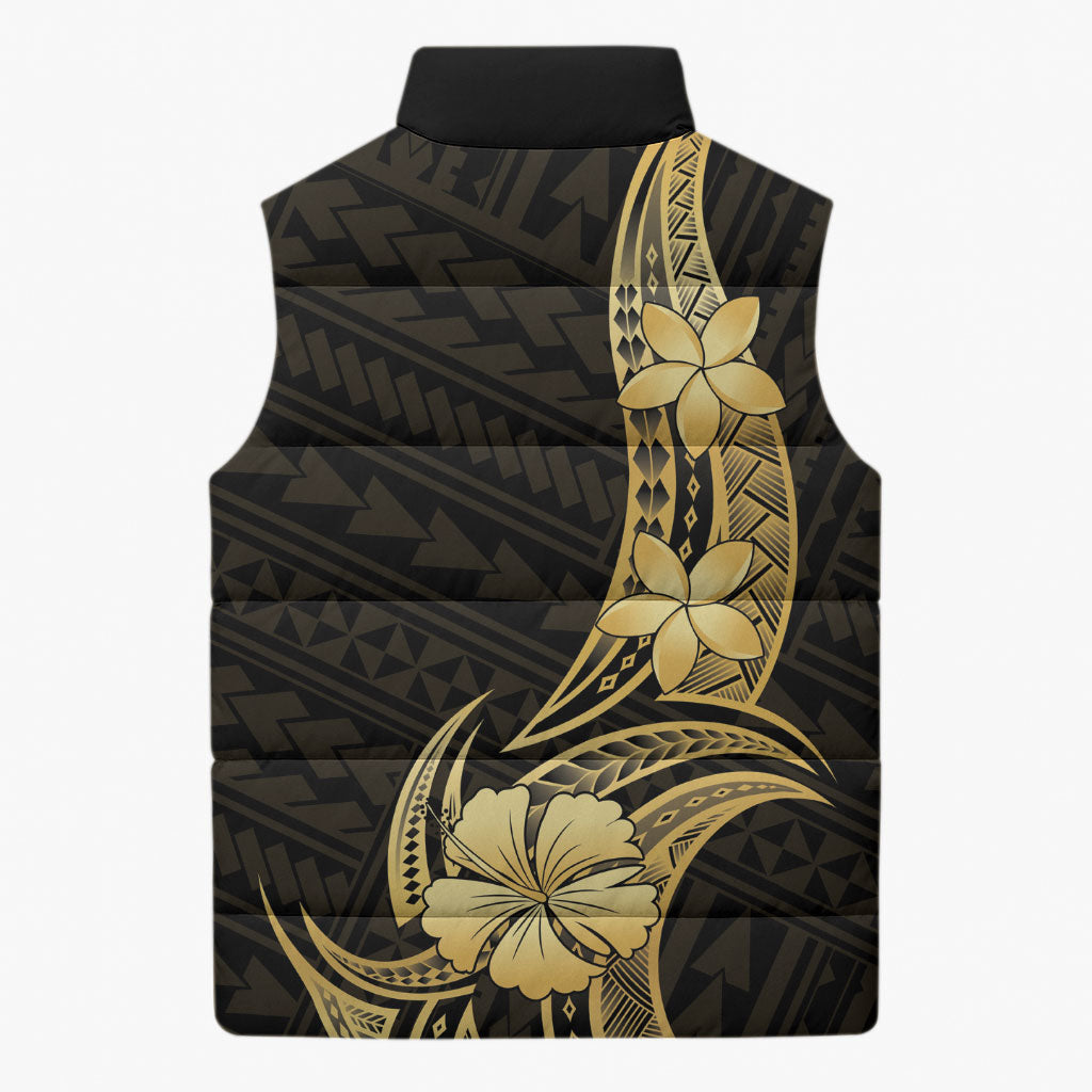 Gold Black Polynesia Hibiscus Plumeria Tattoo Sleeveless Puffer Jacket