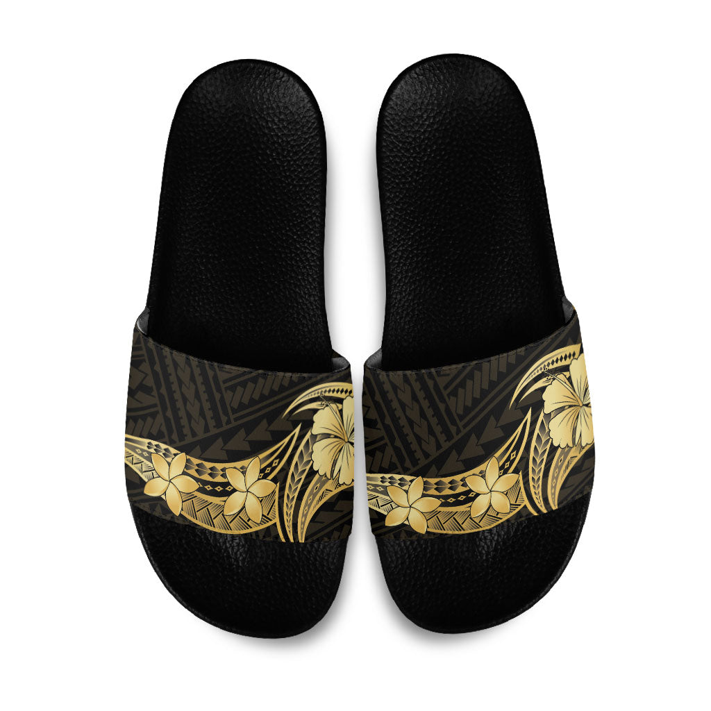 Gold Black Polynesia Hibiscus Plumeria Tattoo Slide Sandals