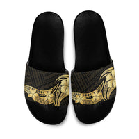 Gold Black Polynesia Hibiscus Plumeria Tattoo Slide Sandals