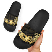 Gold Black Polynesia Hibiscus Plumeria Tattoo Slide Sandals