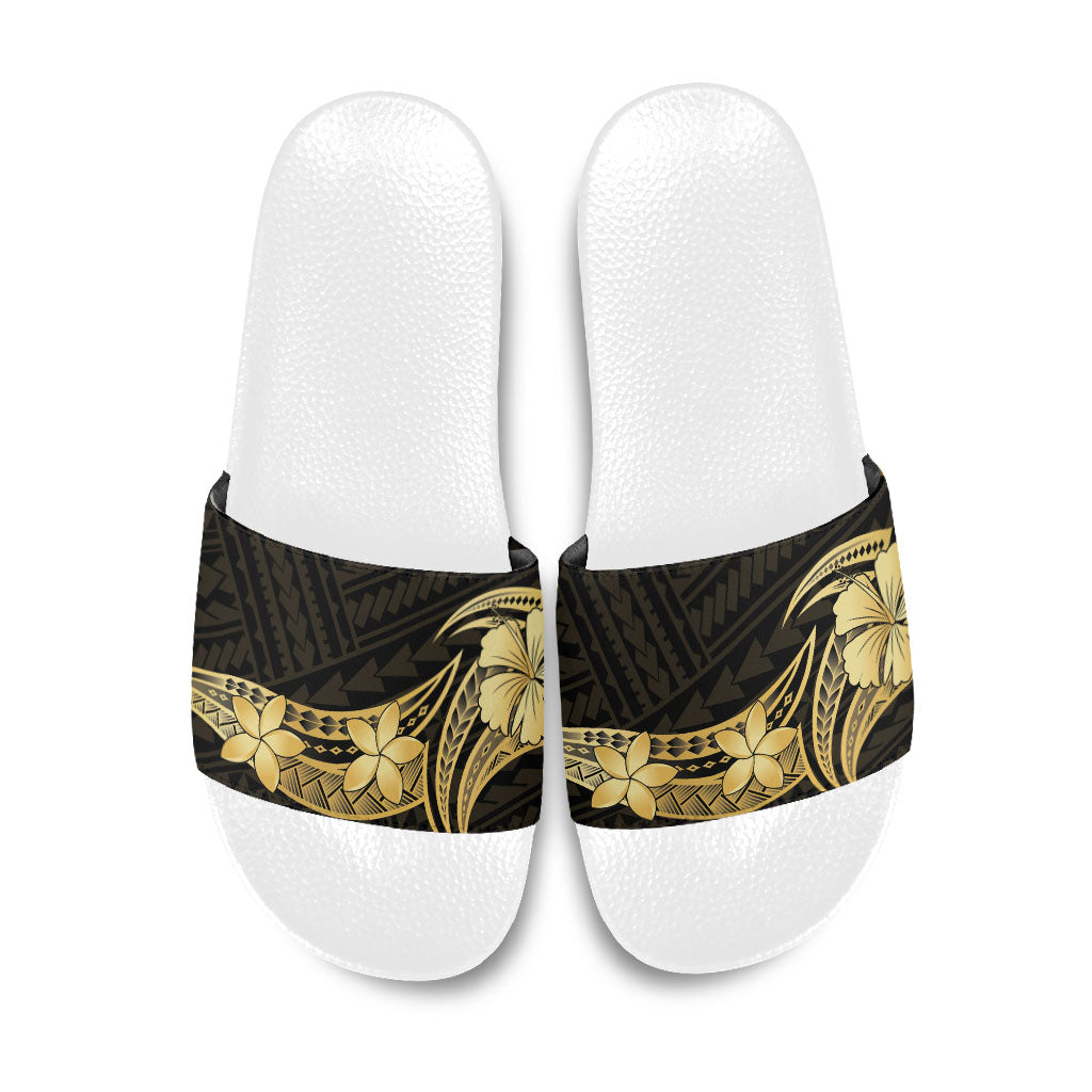 Gold Black Polynesia Hibiscus Plumeria Tattoo Slide Sandals