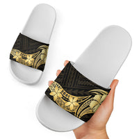 Gold Black Polynesia Hibiscus Plumeria Tattoo Slide Sandals
