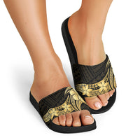 Gold Black Polynesia Hibiscus Plumeria Tattoo Slide Sandals